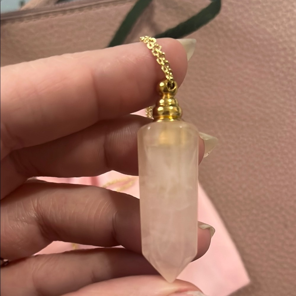 Gold Plated Pink Quartz Crystal Perfume Necklace with Pink Jewelry Pouch - Picture 2 of 6